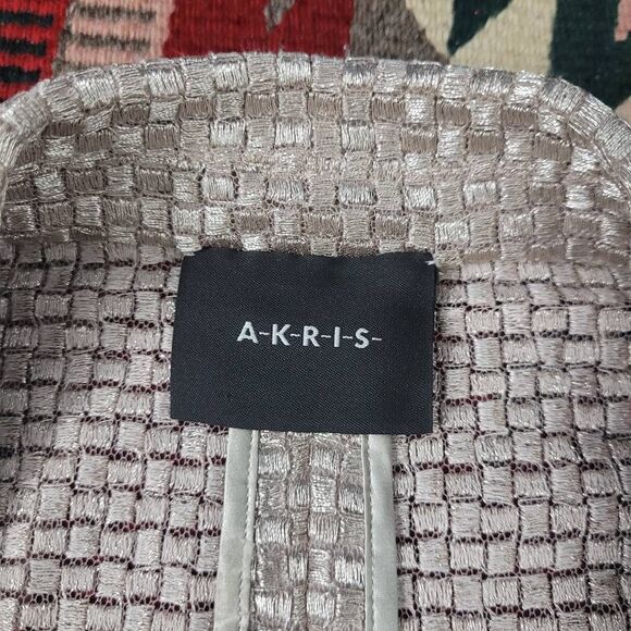 AKRIS Polyester Silk Blend Open Blazer Jacket‎ Sz 8 Silver Metallic Grid Square - Picture 5 of 11